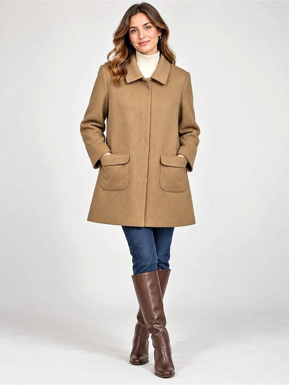 Wool & Viscose Camel A-Line Car Coat | Flap Pockets Size M